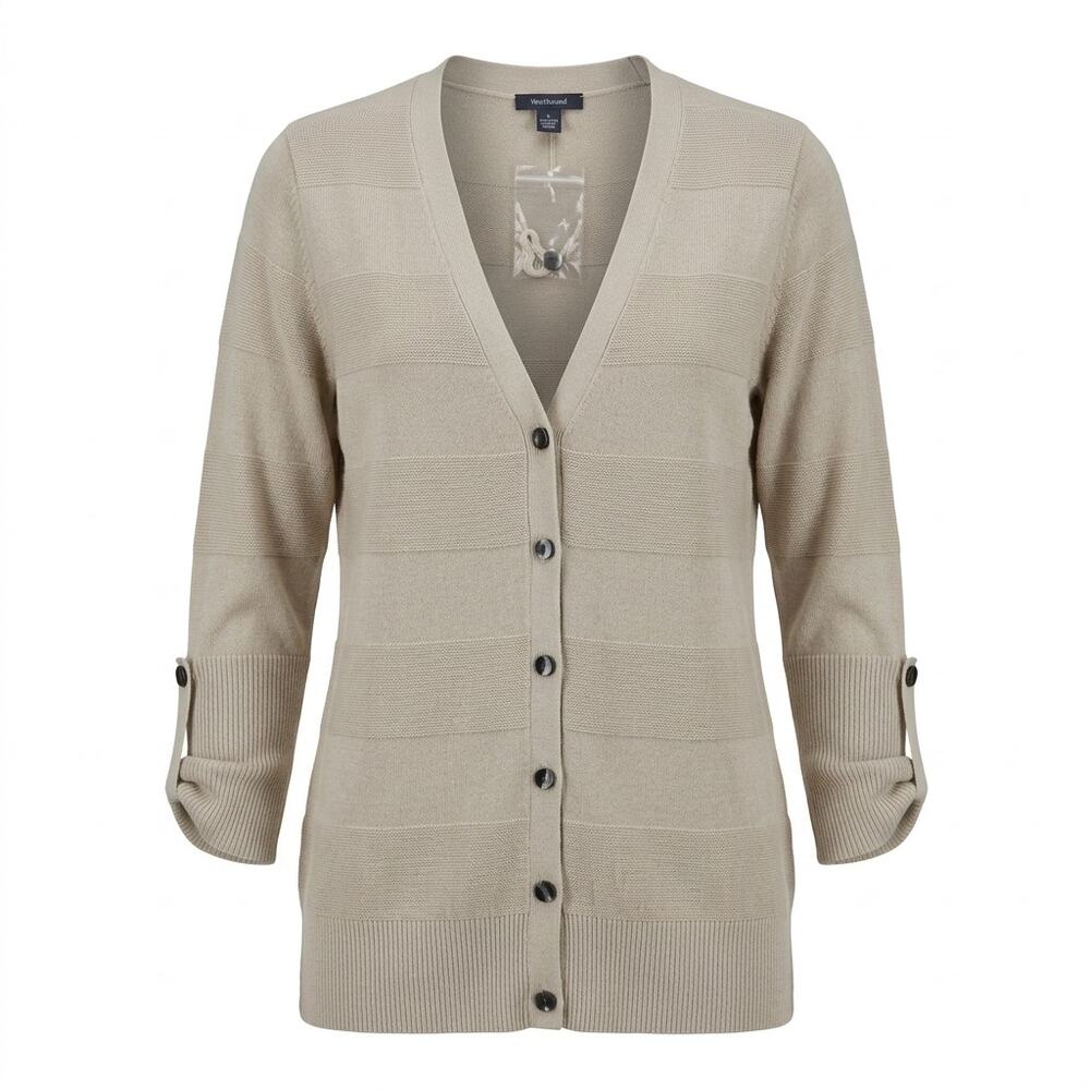 Westbound Beige Roll Tab V-Neck Button Front Cardigan Sweater Women Size L